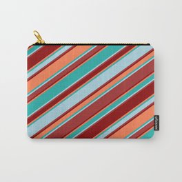 [ Thumbnail: Light Sea Green, Light Blue, Brown, Dark Red & Coral Colored Stripes/Lines Pattern Carry-All Pouch ]