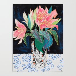 Swan Vase with Pink Lily Flower Bouquet on Dark Blue and Black Winter Floral Poster