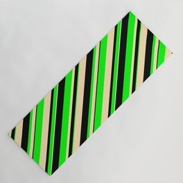 [ Thumbnail: Beige, Black & Lime Colored Lined/Striped Pattern Yoga Mat ]
