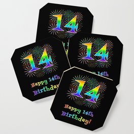 [ Thumbnail: 14th Birthday - Fun Rainbow Spectrum Gradient Pattern Text, Bursting Fireworks Inspired Background Coaster ]