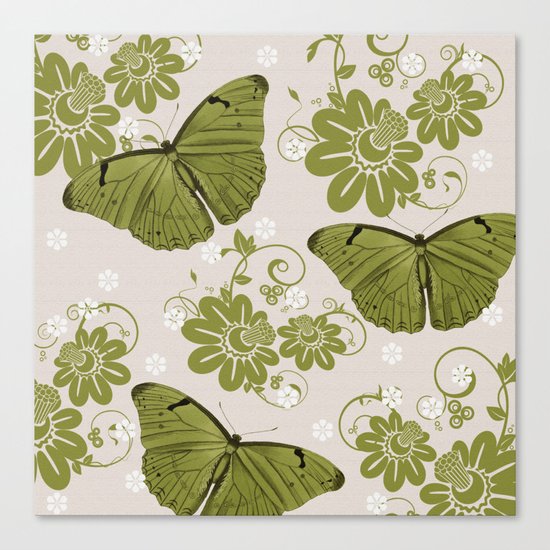 Green Butterflies & Flowers Canvas Print