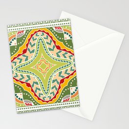 Decorative colorful background, geometric floral doodle pattern with ornate lace frame. Tribal ethnic mandala ornament. Bandanna shawl, tablecloth fabric print, silk neck scarf, kerchief design Stationery Card