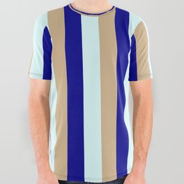 [ Thumbnail: Tan, Dark Blue & Light Cyan Colored Lines Pattern All Over Graphic Tee ]