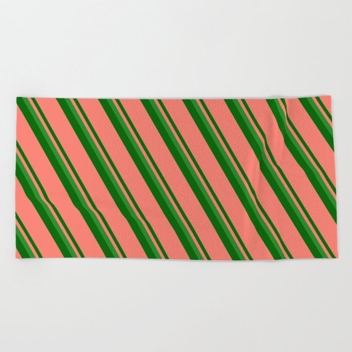 Forest Green, Dark Green & Salmon Colored Stripes Pattern Beach Towel