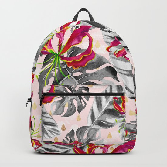 Tropical plants pattern and watercolor flowers Backpack