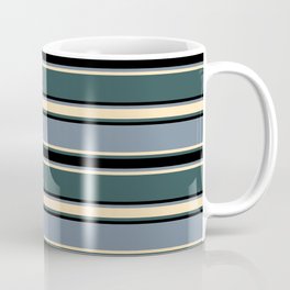 [ Thumbnail: Light Slate Gray, Beige, Dark Slate Gray, and Black Colored Stripes/Lines Pattern Coffee Mug ]