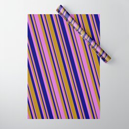 [ Thumbnail: Dark Goldenrod, Orchid, and Blue Colored Striped/Lined Pattern Wrapping Paper ]
