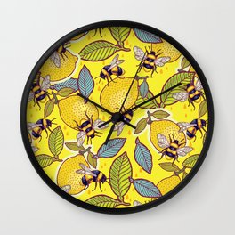 Yellow lemon and bee garden. Wall Clock | Nature, Illustration, Pattern, Food 