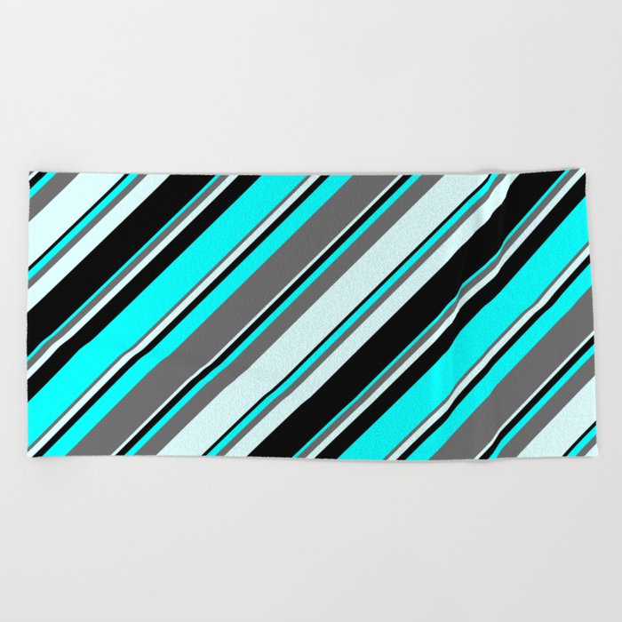 Aqua, Dim Gray, Light Cyan & Black Colored Lines/Stripes Pattern Beach Towel
