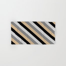 [ Thumbnail: Tan, Black, Light Grey, and Gray Colored Lined/Striped Pattern Hand & Bath Towel ]