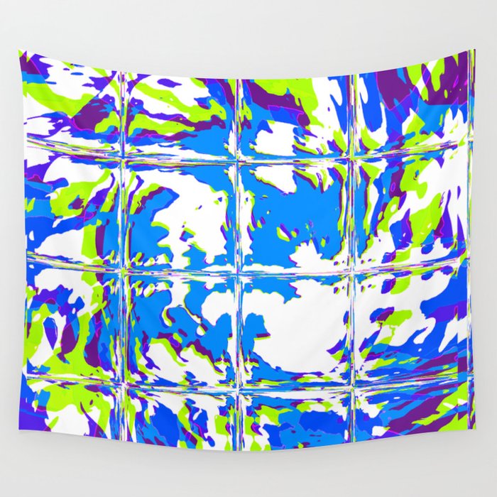 Blue Rave Glitch Tiles Wall Tapestry
