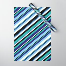 [ Thumbnail: Colorful Light Sea Green, Midnight Blue, Light Sky Blue, Mint Cream & Black Colored Stripes Pattern Wrapping Paper ]