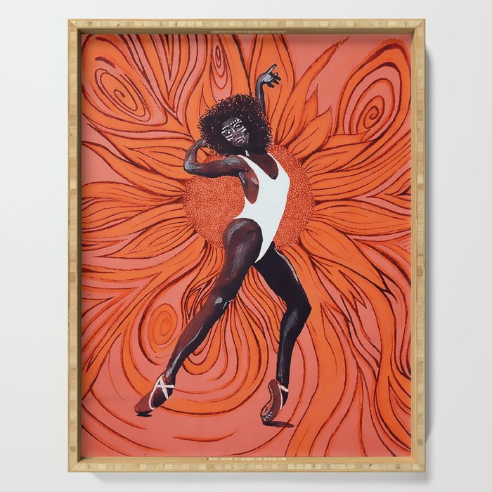 Powerful Black Aboriginal Woman Dancing  in the Sun Serving Tray