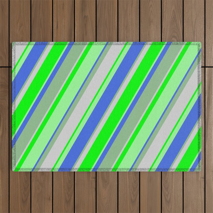 Eyecatching Dark Sea Green, Light Gray, Lime, Green, and Royal Blue Colored Striped Pattern Outdoor Rug