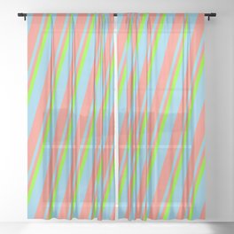 [ Thumbnail: Green, Sky Blue & Salmon Colored Pattern of Stripes Sheer Curtain ]