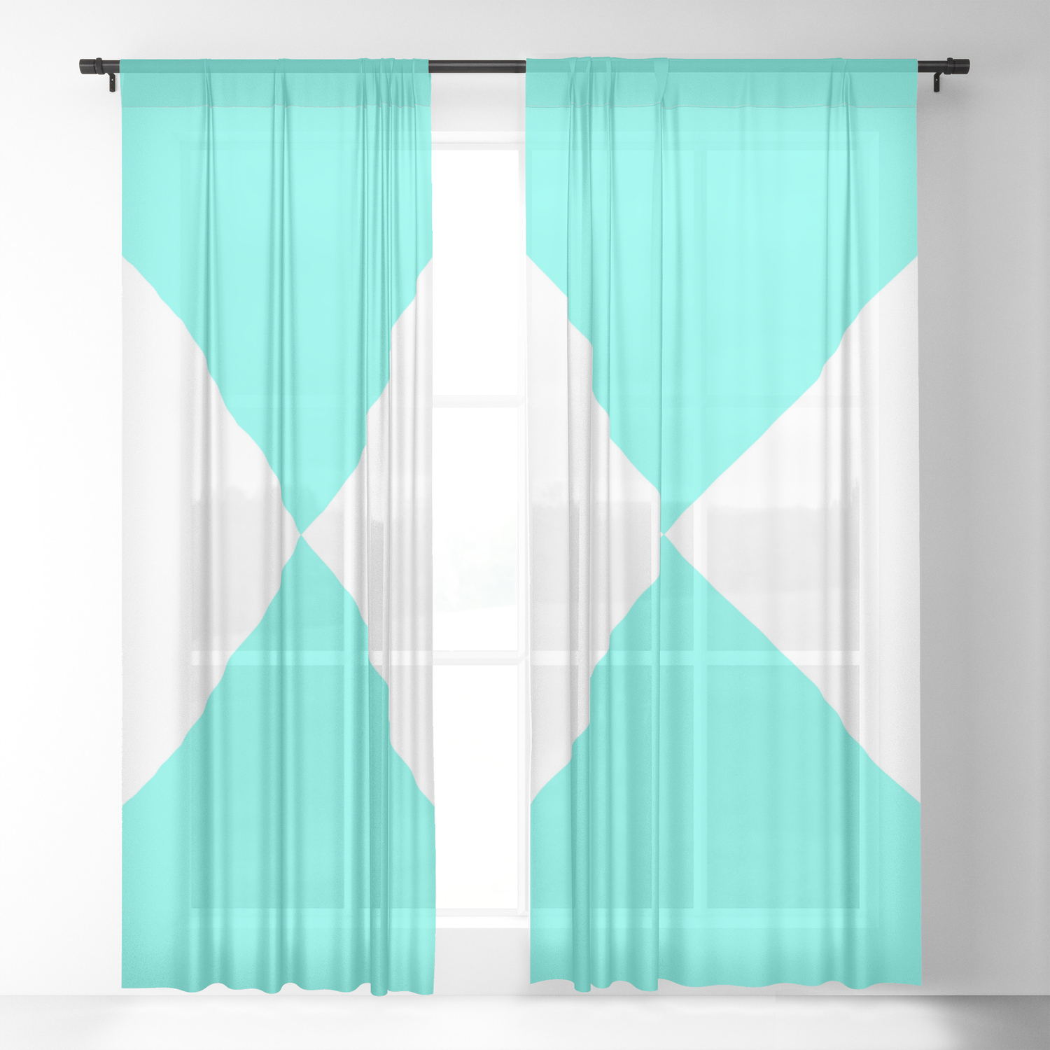 Turquoise Pattern Sheer Curtain, White And Turquoise Curtains