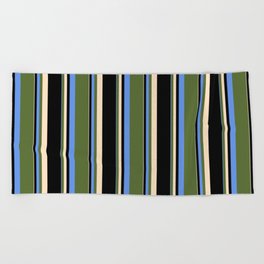 [ Thumbnail: Cornflower Blue, Dark Olive Green, Bisque, and Black Colored Striped Pattern Beach Towel ]