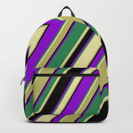 [ Thumbnail: Colorful Sea Green, Pale Goldenrod, Dark Khaki, Black & Dark Violet Colored Lined Pattern Backpack ]