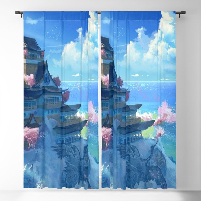 Japanese Fortress On Big Rock At Oceanside Cartoon Scenery Ultra High  Definition Wall Tapestry by Art Twister