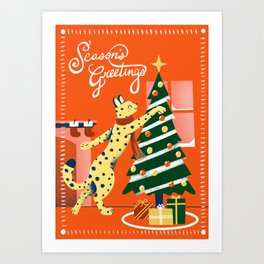 Season's Greetings Cheetah - Red  Art Print