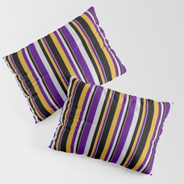 [ Thumbnail: Goldenrod, Black, Light Grey & Indigo Colored Lined/Striped Pattern Pillow Sham ]