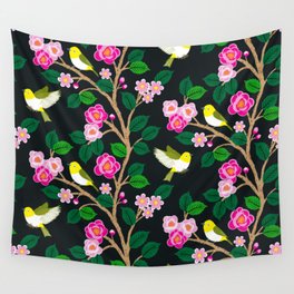 Japanese sakura flower branches with yellow birds Wall Tapestry