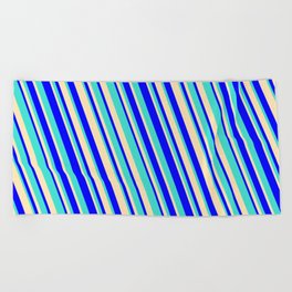 [ Thumbnail: Blue, Turquoise & Beige Colored Striped/Lined Pattern Beach Towel ]