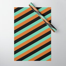 [ Thumbnail: Black, Aquamarine, and Chocolate Colored Pattern of Stripes Wrapping Paper ]