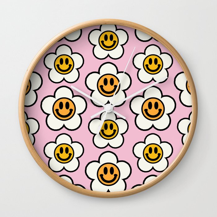 Bold And Funky Flower Smileys Pattern (Pink BG) Wall Clock