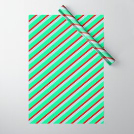 [ Thumbnail: Green, Red & Powder Blue Colored Striped Pattern Wrapping Paper ]