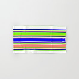 [ Thumbnail: Blue, Green, White, and Salmon Colored Lined Pattern Hand & Bath Towel ]