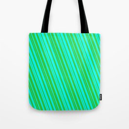 [ Thumbnail: Cyan & Lime Green Colored Lined Pattern Tote Bag ]