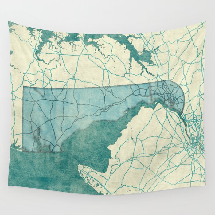 Delaware State Map Blue Vintage Wall Tapestry