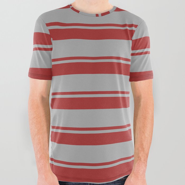 Brown & Dark Gray Colored Lined Pattern All Over Graphic Tee