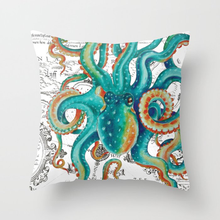 Teal Octopus Tentacles Vintage Map Nautical Throw Pillow By