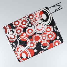 Dramatic Midcentury White and Red Circular Pattern on Black Picnic Blanket