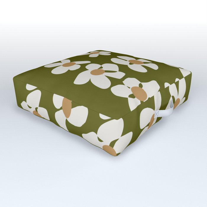 White Flowers khaki green background Outdoor Floor Cushion