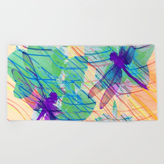 Colorful Dragonflies Beach Towel