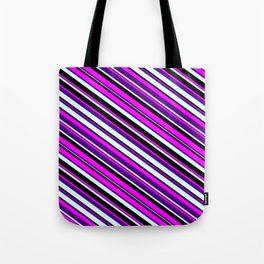 [ Thumbnail: Fuchsia, Indigo, Light Cyan & Black Colored Lines Pattern Tote Bag ]