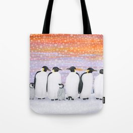 emperor penguins and chicks winter sunset Tote Bag