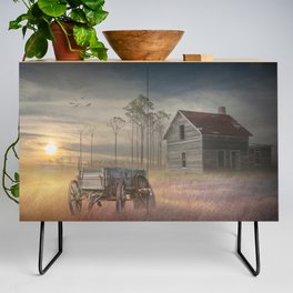 Old Wooden Wagon with Abandoned Farm House in the Morning Mist at Sunrise Credenza