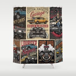 Custom cars vintage colorful posters with lowrider muscle and hot rod cars turbo engine classic retro automobile pretty tattooed woman holding spanner vintage illustration Shower Curtain