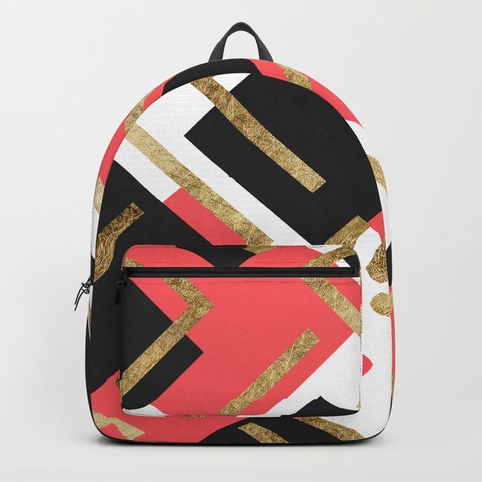 Chic Coral Pink Black and Gold Square Geometric Backpack
