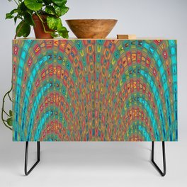 Turquoise Green And Rust Red Abstract Wave Pattern Credenza