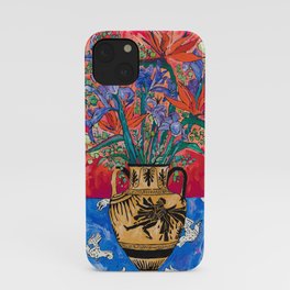 Icarus Floral Still Life Painting with Greek Urn, Irises and Bird of Paradise Flowers iPhone Case | Flowers, Greekmyth, Birds, Greekurnpainting, Orange, Iris, Greekurn, Birdsofparadise, Icarus, Bouquet 