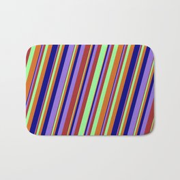 [ Thumbnail: Colorful Brown, Green, Chocolate, Blue, and Purple Colored Lined Pattern Bath Mat ]