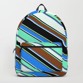 [ Thumbnail: Colorful Brown, Blue, Mint Cream, Black & Aquamarine Colored Striped Pattern Backpack ]