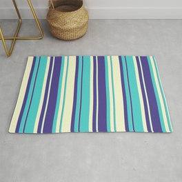[ Thumbnail: Dark Slate Blue, Turquoise & Light Yellow Colored Striped/Lined Pattern Rug ]