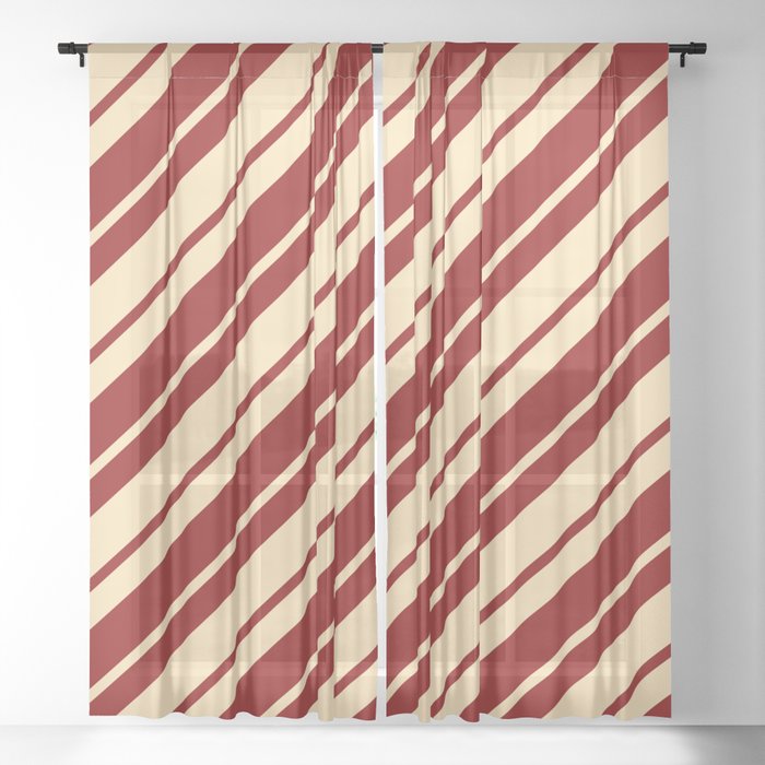 Beige and Dark Red Colored Stripes/Lines Pattern Sheer Curtain