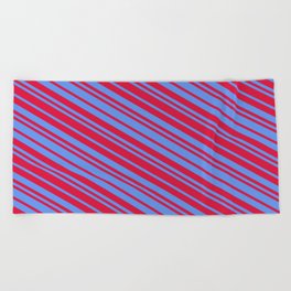 [ Thumbnail: Crimson and Cornflower Blue Colored Lines Pattern Beach Towel ]